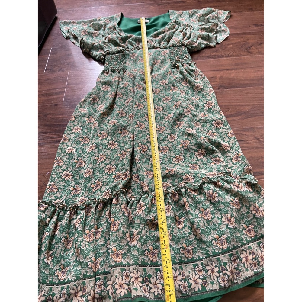 Max Studio Green Floral Smocked Waist Midi Dress Flutter Sleeve V-Neck Large - Picture 5 of 6